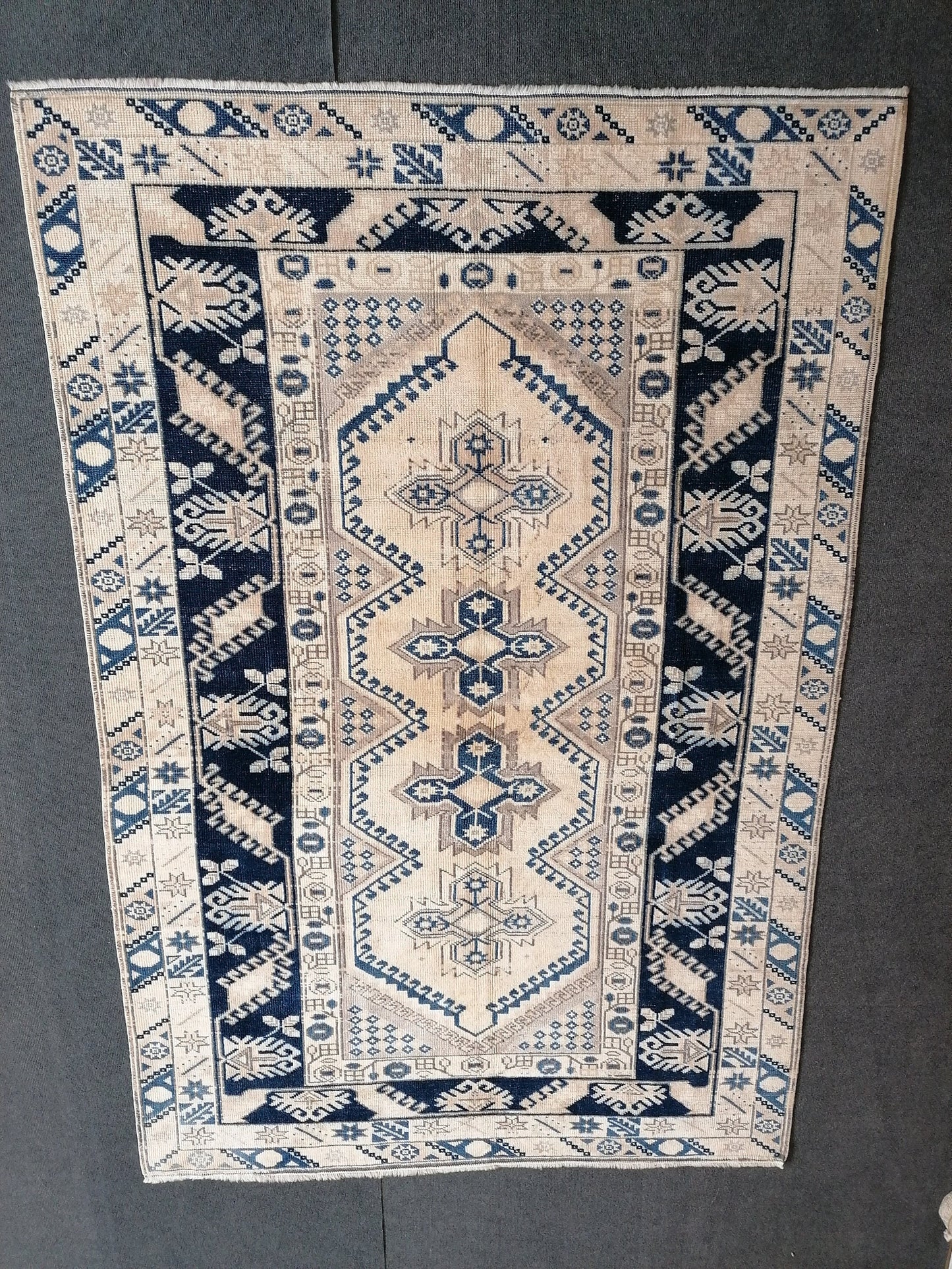 Vintage handmade rug, turkish wool rug 4'11x7'4  blue vintage oushak rug, bohemian rug