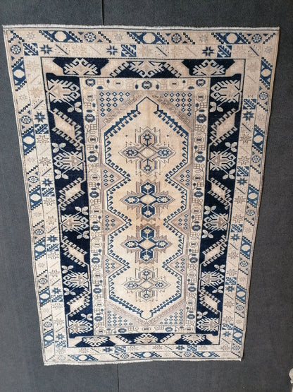 Vintage handmade rug, turkish wool rug 4'11x7'4  blue vintage oushak rug, bohemian rug