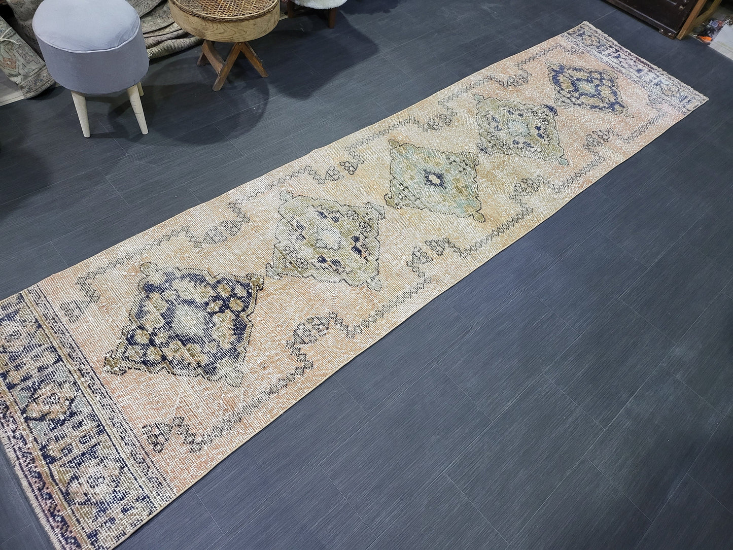 2.9 x 11.4 Low Wool Pile Oushak Runner Rug, Turkish Runner Rug, Vintage Runner Rug, Hallway Runner Rug Kitchen Runner Rug Wool Runner Rug