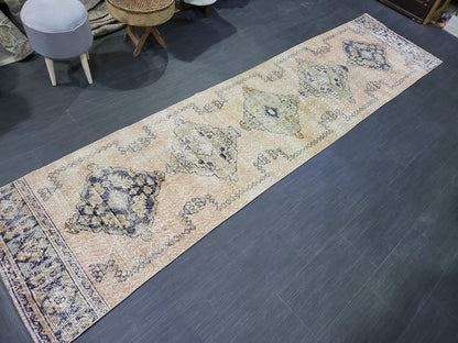 2.9 x 11.4 Low Wool Pile Oushak Runner Rug, Turkish Runner Rug, Vintage Runner Rug, Hallway Runner Rug Kitchen Runner Rug Wool Runner Rug