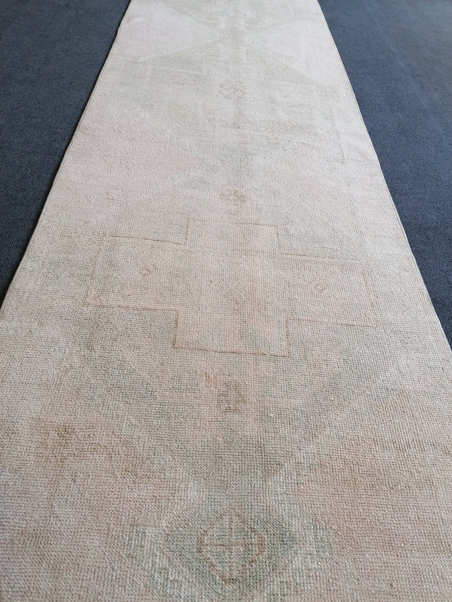 2'8x12 oushak turkish runner rug, hallway runner rug, hand made rug, oushak vintage runner rug, vintage rug, vintage anatolian rug