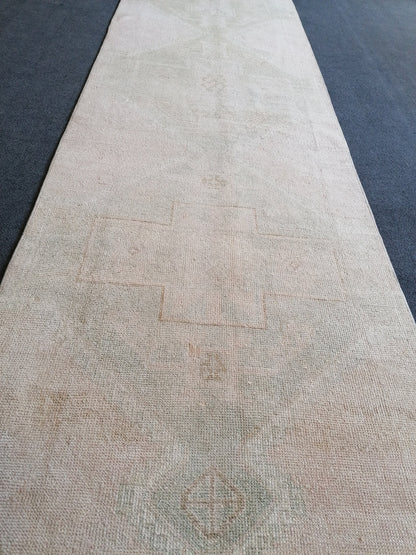 2'8x12 oushak turkish runner rug, hallway runner rug, hand made rug, oushak vintage runner rug, vintage rug, vintage anatolian rug