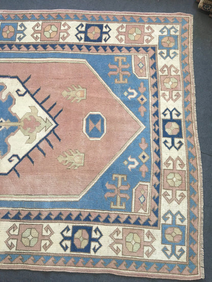 5x8 feet pink muted turkish wool large carpet, handmade vintage wide carpet, oushak bedroom rug, kitchen floor blue rug, laundry etnique rug
