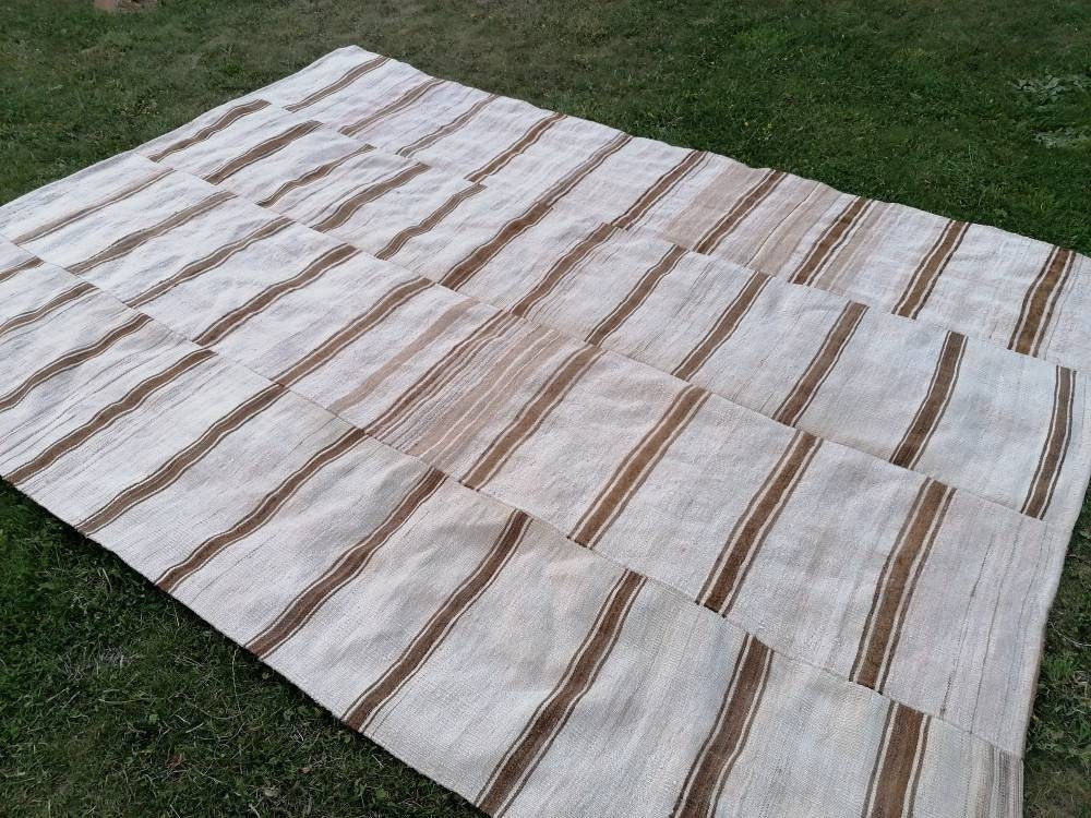 8x12 feet flatweave wool kilim, neutral color stripe rug handmade turkish kilim rug, oversize oushak brown kilims, hallway kilims