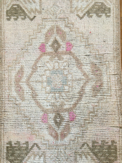 1.4x3.4 feet grey mini turkish rug, handmade brown bedroom area rug, bath mat mini rug, bathroom small rug, oushak kitchen rug, hallway rug