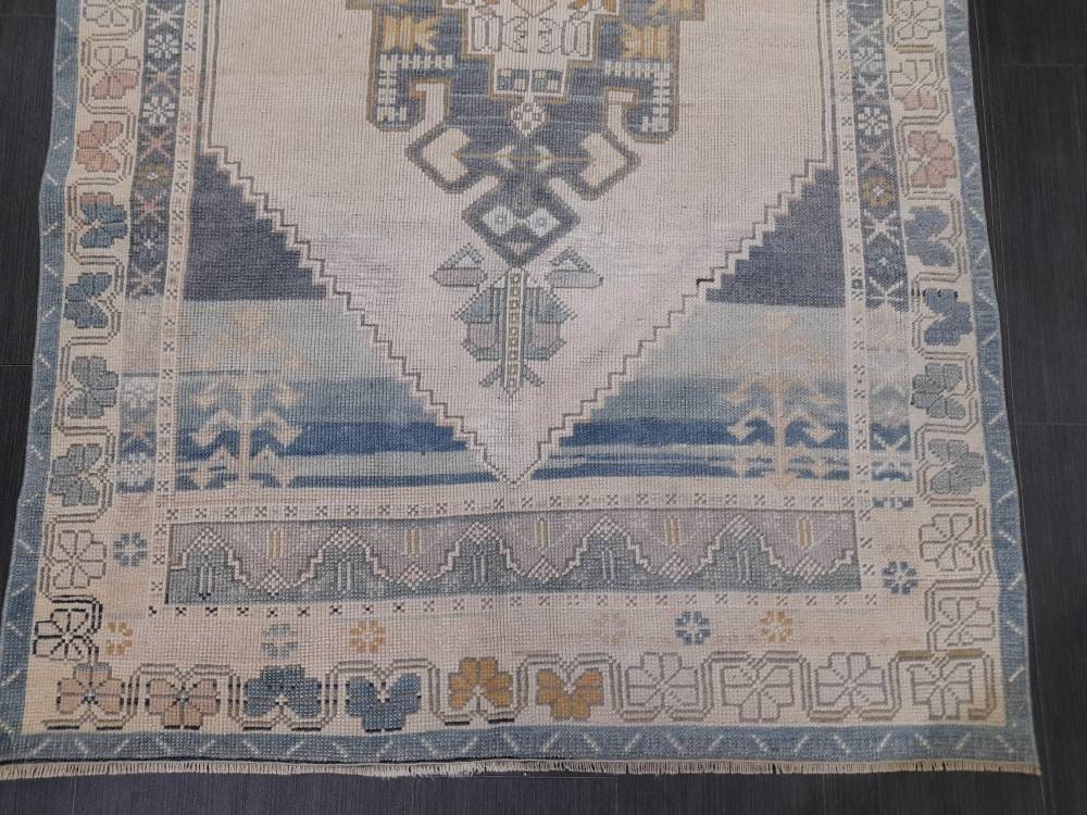 Vintage RUG 4.2 x 5 Turkish Oushak Rug Antique Rug Vintage Blue Wool Muted Oriental Rug Hand Made Rug Hand Knotted Turkish Rug Oriental Fun