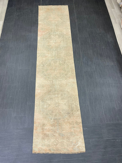 Muted Vintage Runner Rug 2.7 x 12.2 Muted Turkish Runner Star Rug Muted Oushak Runner Rug Hallway Runner Kitchen Runner Rug Wool Runner