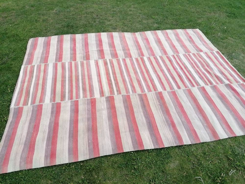 7x9.5 feet oversize wool kilim, pastel stripe rug, handmade rug living room, entryway turkish kilim rug, lounge area kilim rug, bigest kilim