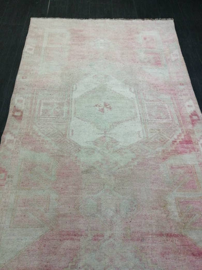 Vintage Runner 4.7 x 11.4 TURKISH Muted Runner Rug Vintage Oushak Runner Rug Light Pink Runner Rug Wool Oriental Runner Antique Runner Rug