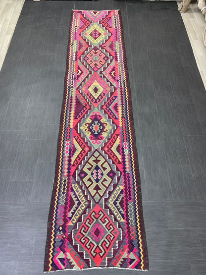 Vintage Runner rug 3 x 13 Handmade Flat woven Runner Kilim Runner Rug Oriental Runner Vintage Turkish Runner Flat weave Rug Wool Carpet Rug