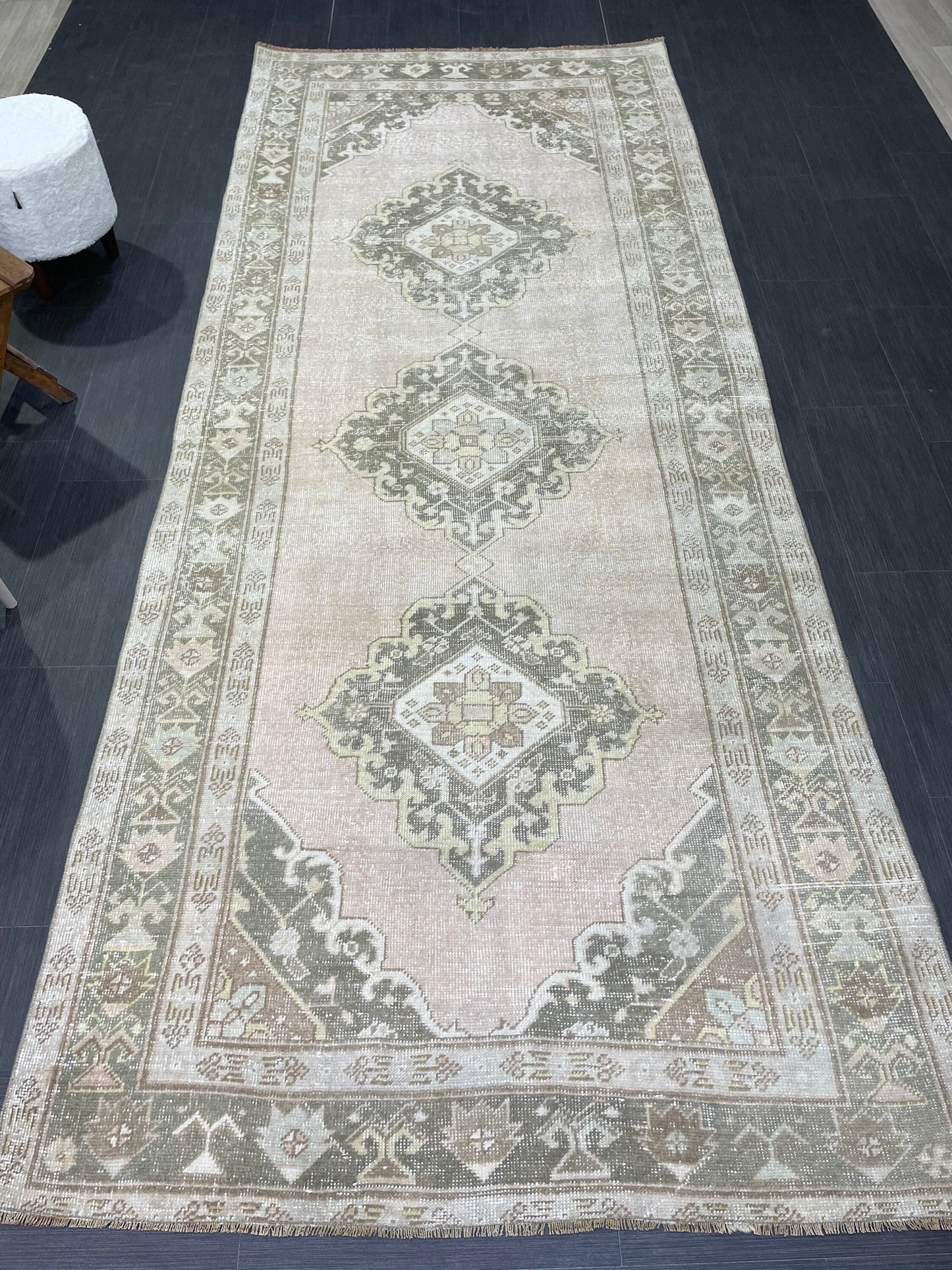 Muted Oushak Runner Rug Vintage Turkish 4.6 x 11.2 Runner Rug Vintage Runner Rug Hallway Runner Rug Kitchen Runner Rug Wool Runner Rug