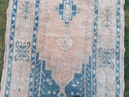 4'6x12 vintage turkish runner rug, oushak vintage rug, handmade hallway runner, kitchen wool runner