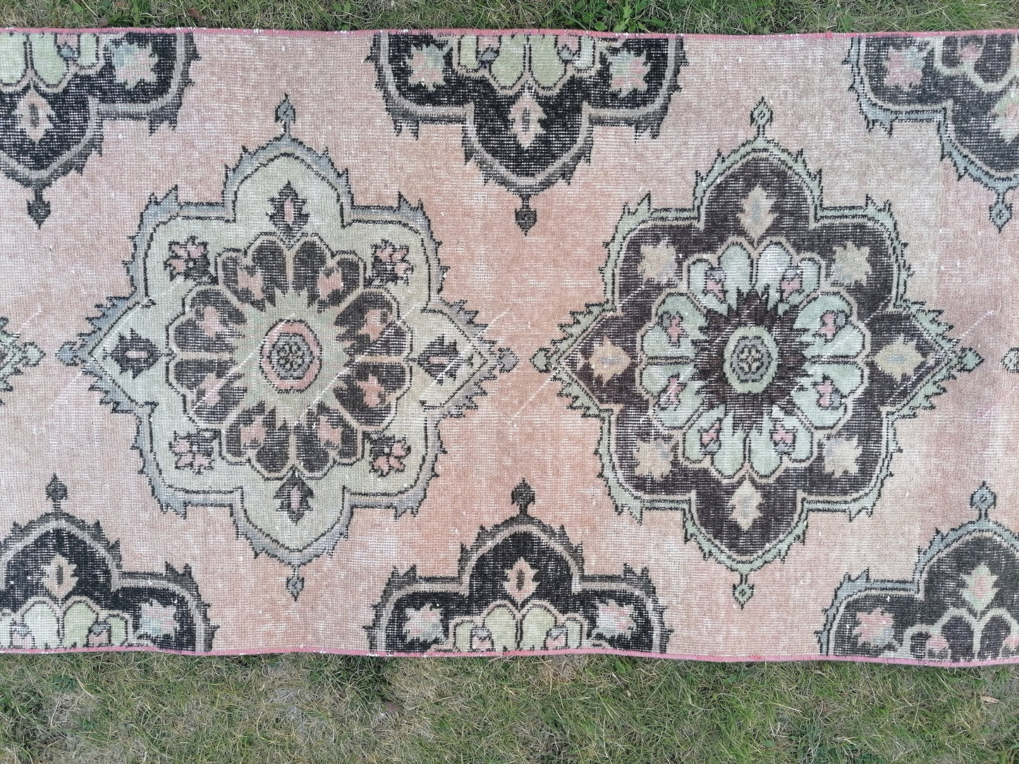 2'8x11'10 oushak turkish runner rug, vintage green runner rug, vintage wool runne, vintage hand made rug , kitchen runner rug,