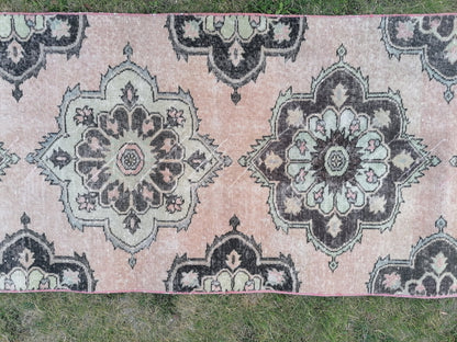 2'8x11'10 oushak turkish runner rug, vintage green runner rug, vintage wool runne, vintage hand made rug , kitchen runner rug,