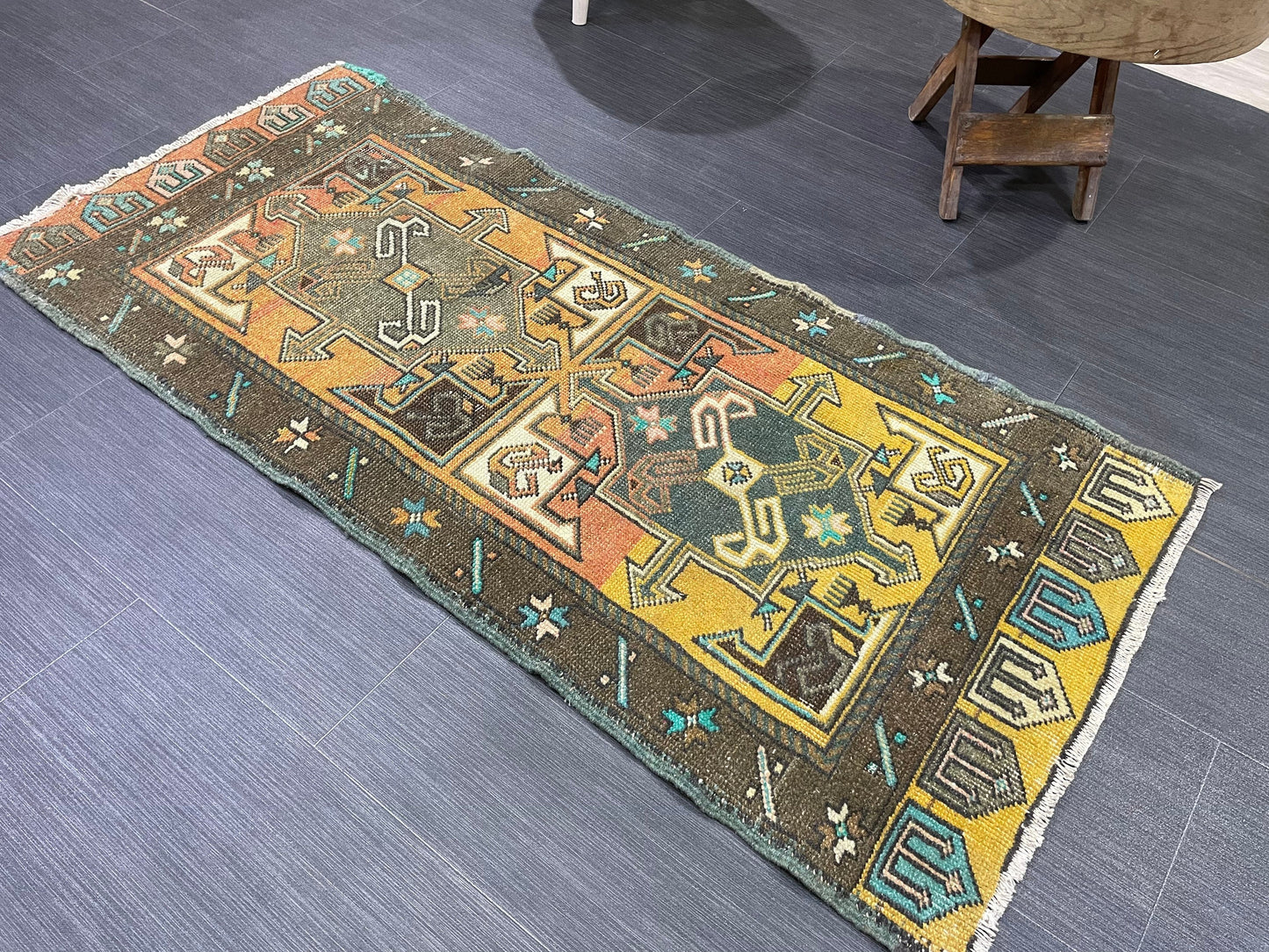 Hand Knotted Runner Rug, Vintage 2 x 4.4 Runner Rug,Handmade Short Runner Rug,Bathroom Runner Rug, Antique Runner Rug, Vanity Runner Rug