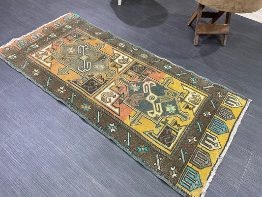 Hand Knotted Runner Rug, Vintage 2 x 4.4 Runner Rug,Handmade Short Runner Rug,Bathroom Runner Rug, Antique Runner Rug, Vanity Runner Rug