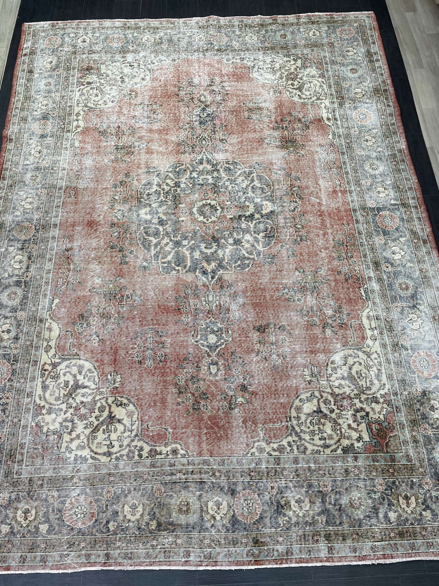 Muted OUSHAK RUG  TURKISH 8.8 x 12 Rug Distressed Vintage  Rug Wool Hand Knotted Rug Large Handmade Rug 8x11 Vintage Turkish 9x12 Rug