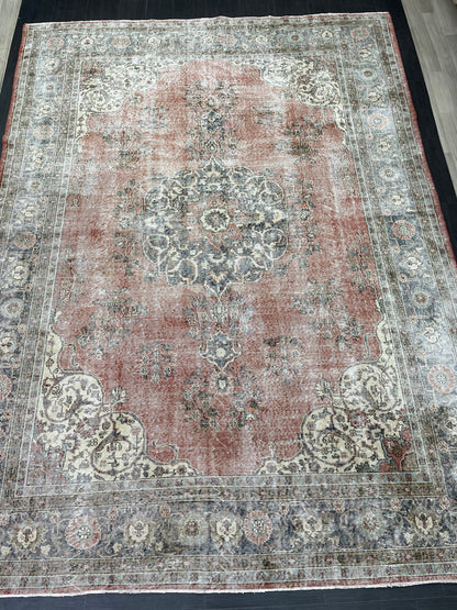 Muted OUSHAK RUG  TURKISH 8.8 x 12 Rug Distressed Vintage  Rug Wool Hand Knotted Rug Large Handmade Rug 8x11 Vintage Turkish 9x12 Rug