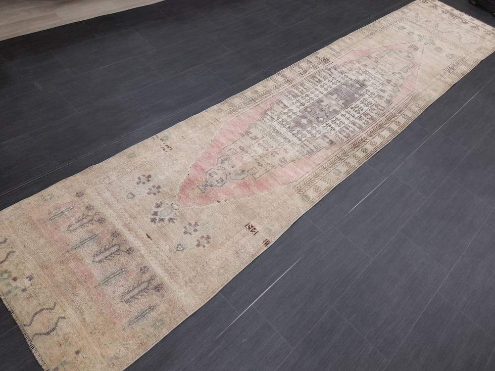 WOOL Oriental Runner Rug Turkish Runner Rug 2.5 x 12 Muted Vintage High Pile Runner Hallway Runner Rug Kitchen Runner Rug Persian Runner Rug