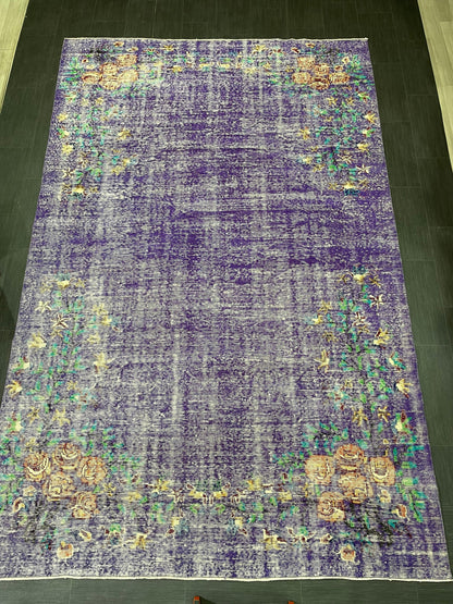 Vintage Rug 7 x 10.8 TURKISH Handmade Rug Violet Purple Vintage Hand Knotted Rug Distressed Persian Rug Oushak Rug, Wool Rug