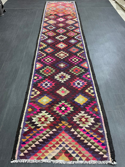 Vintage Runner rug 2.8 x 12.6 Handmade Flat woven Runner Kilim Runner Rug Turkish Runner Vintage Flat weave Rug Wool Carpet Rug