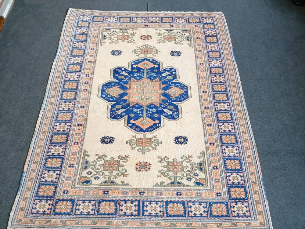 Turkish blue wool rug, vintage oushak rug 5x6'8
