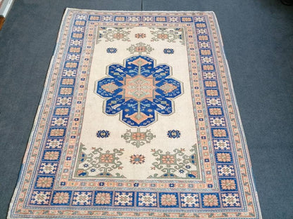 Turkish blue wool rug, vintage oushak rug 5x6'8