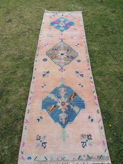 Vintage  blue runner, oushak wool runner 3x10'4 hallway green runner, turkish runner rug, entery runner, kitchen runner
