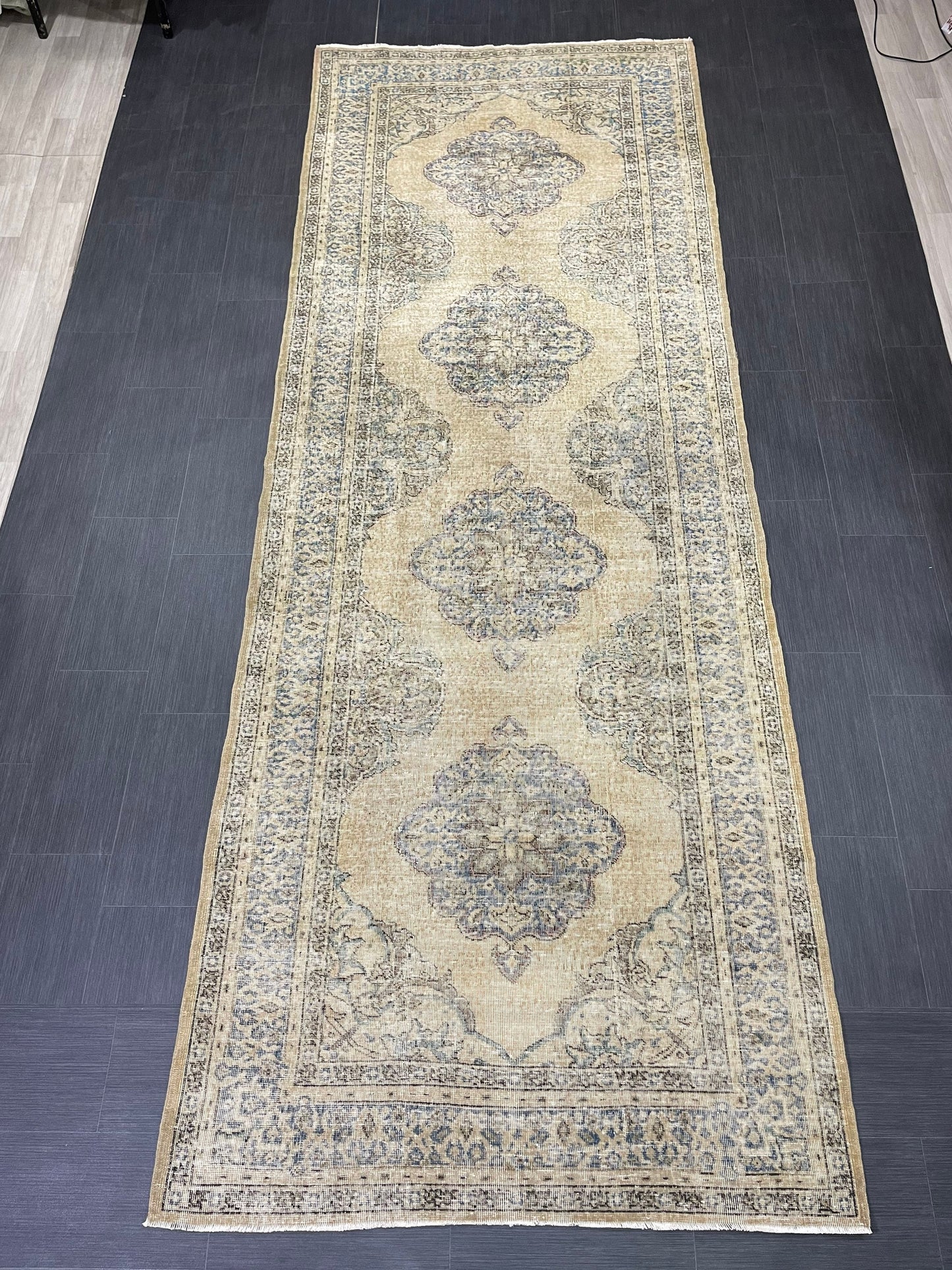 Wool Hand Knotted Rug Vintage 4.8 x 13 Runner Oushak Runner Rug Turkish Runner Rug Vintage Runner Rug Star Kitchen Runner Natural Wool