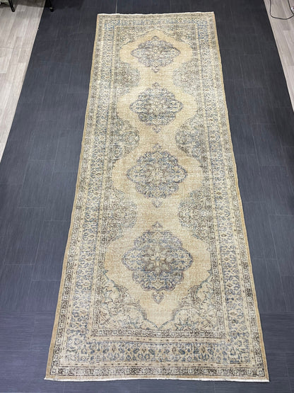 Wool Hand Knotted Rug Vintage 4.8 x 13 Runner Oushak Runner Rug Turkish Runner Rug Vintage Runner Rug Star Kitchen Runner Natural Wool