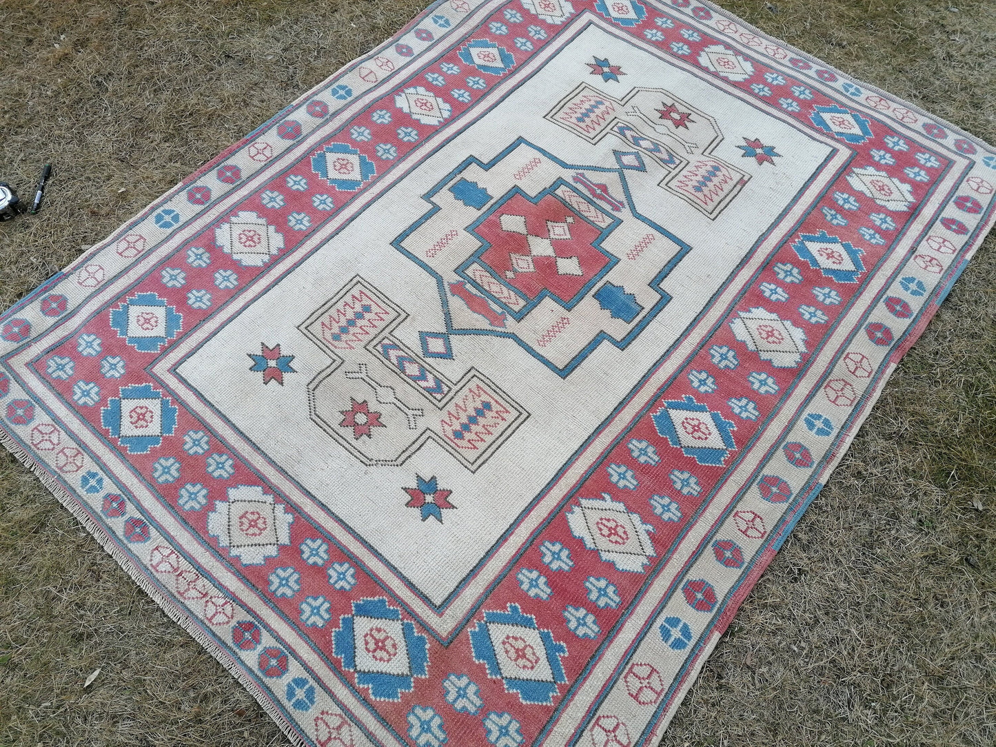 5.2 x 6.9 Turkısh hand knotted rug blue vıntage rug, handmade rug, wool rug