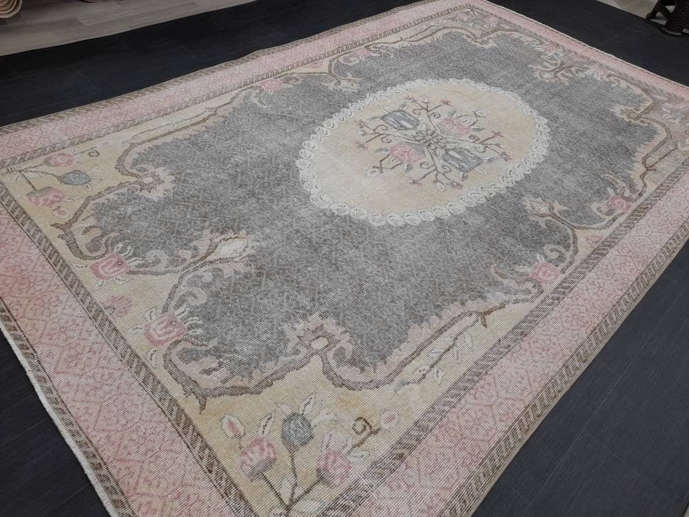 Floral Vintage OUSHAK RUG Antique TURKISH Rug Vintage Distressed Oriental Rug 6.6 x 10.4 Wool  Rug Hand Made Vintage Rug 7x10 Turkish Rug