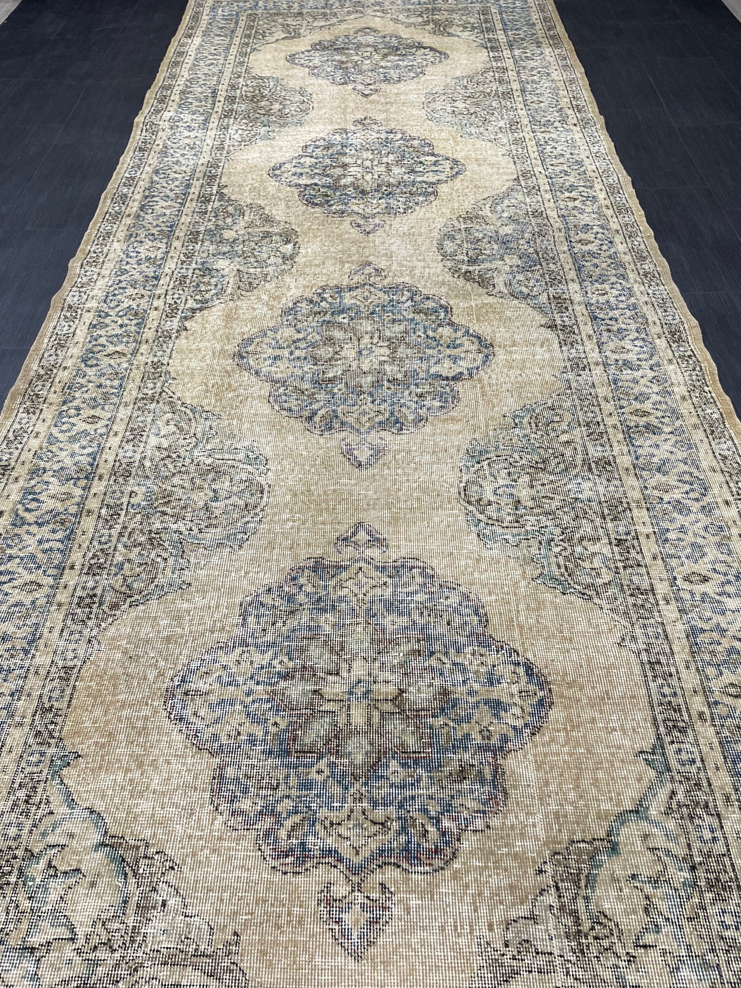 Wool Hand Knotted Rug Vintage 4.8 x 13 Runner Oushak Runner Rug Turkish Runner Rug Vintage Runner Rug Star Kitchen Runner Natural Wool