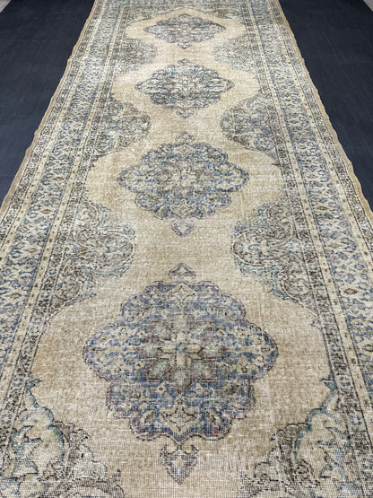 Wool Hand Knotted Rug Vintage 4.8 x 13 Runner Oushak Runner Rug Turkish Runner Rug Vintage Runner Rug Star Kitchen Runner Natural Wool