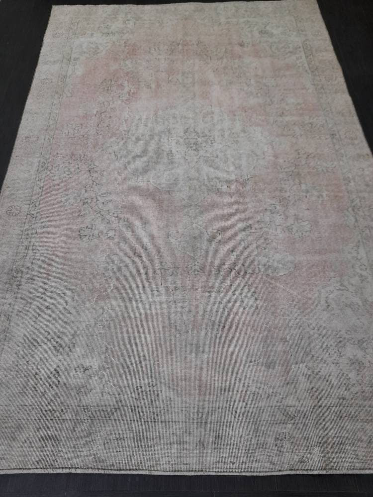 WOOL Distressed RUG 6.5 x 10 Turkish Oushak Rug Large Vintage Rug Tint of Pink Vintage Hand Made Persian Rug Muted Vintage Turkish Rug 7x10