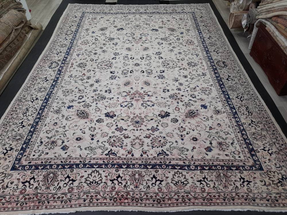 PERSIAN Rug 10 x 13.5 Vintage Oriental Rug Vintage Persian Rug Blue and Cream Rug Fine Knotted Hand Made Rug Turkish Rug Animal Motifs Rug