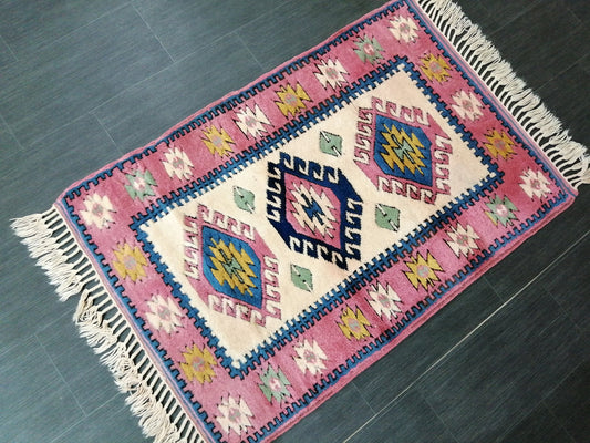 4.3X2.9 PINK AND NAVY Rug Hand Made Rug, High Pile Oushak Rug,  3x4 Boho Rug, Rug Runner, Plush Turkish Rug, Farmhouse Rug, Vintage Wool rug