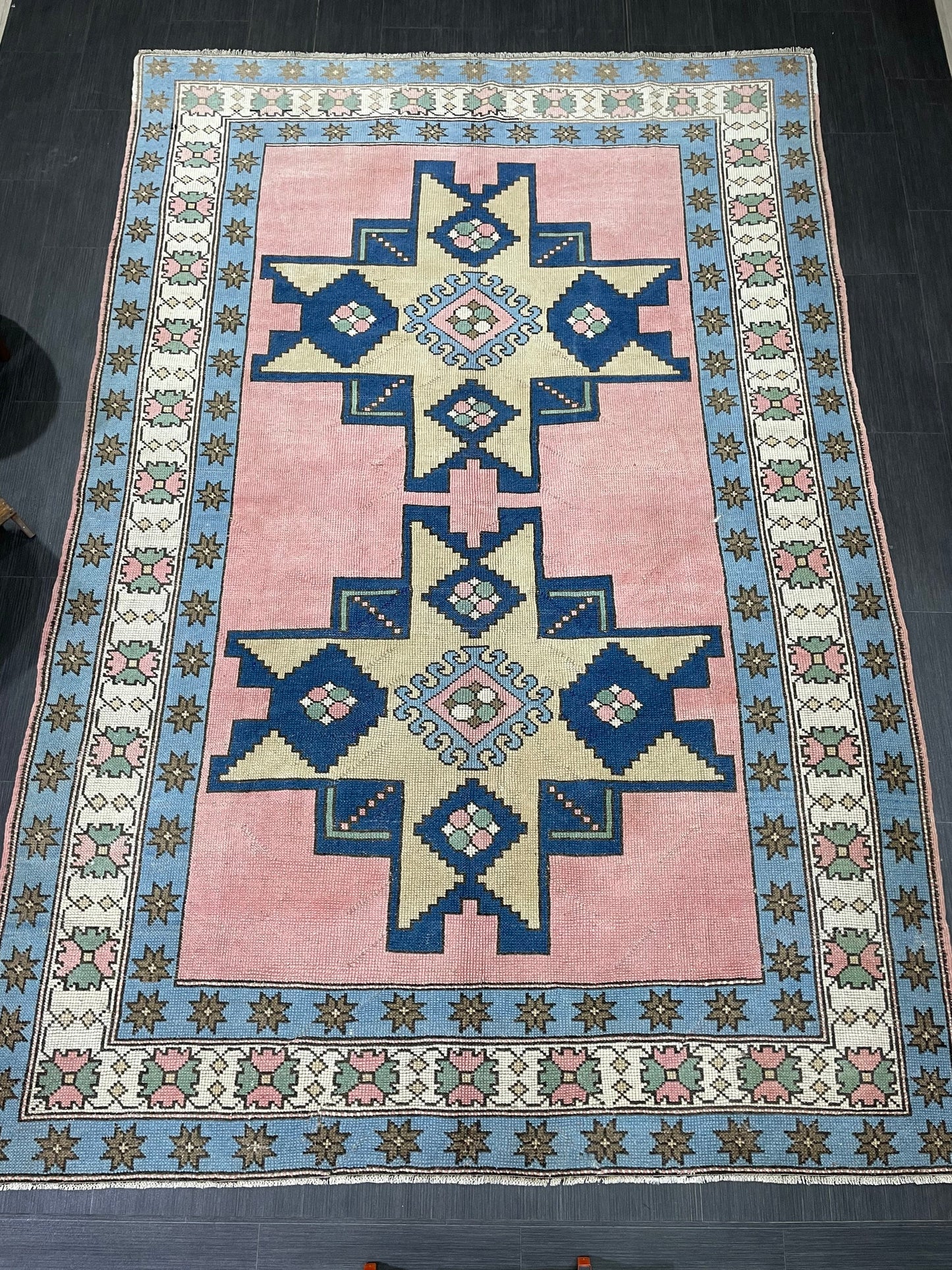Wool OUSHAK RUG TURKISH 6.6 x 10 Rug  Vintage Oriental Rug Vintage Handmade Rug Wool Vintage Pink and Blue Rug Hand Knotted Rug