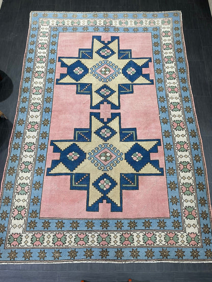 Wool OUSHAK RUG TURKISH 6.6 x 10 Rug  Vintage Oriental Rug Vintage Handmade Rug Wool Vintage Pink and Blue Rug Hand Knotted Rug