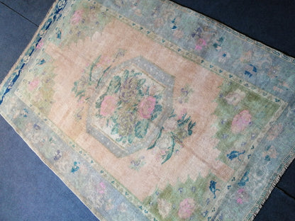 5.5 x 7.9 Floral OUSHAK RUG TURKISH Oushak Rug Vintage Hand Knotted Rug Muted Wool Rug Hand Made Rugs Vintage Faded Rug
