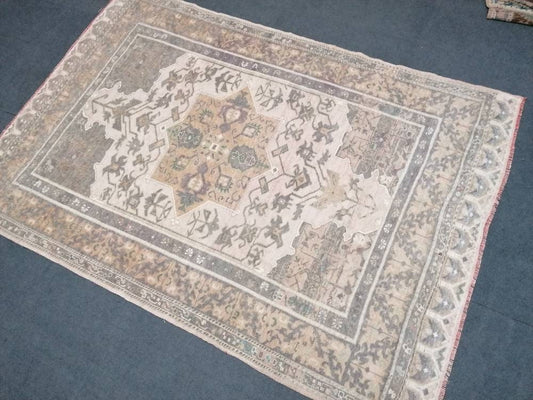 Muted soft colors rug 4'8x6'10 faded vintage turkish rug,oushak vintage kitchen rug, anatolian unique hand made bohemian