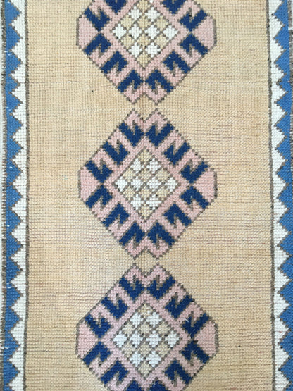 1.8x3.1 feet pink wool turkish vintage bedroom rug, handmade muted oushak living room area mini rug, laundry small rug, blue bohemian rugs