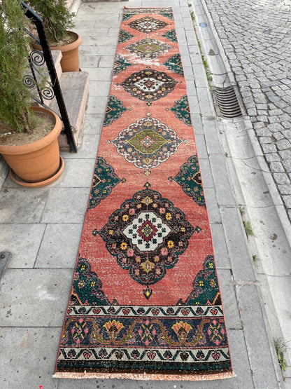 Staircase Runner Rug 2.5 x 16.4 Extra Long Wool TURKISH Runner Rug Handmade Runner Rug VINTAGE Runner Hand Knotted Runner Distressed rug