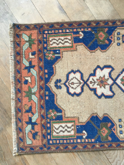 2x3 feet blue muted vintage turkish bath mat, handmade pink kitchen floor small rug, etnique wool anatolian mini rug,tiny small entryway rug