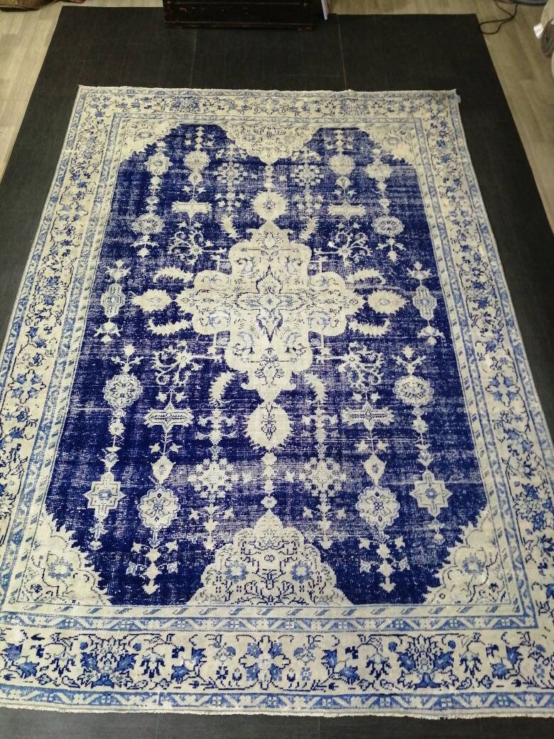 Antique RUG 7.4 x 10.8 Vintage Rug Vintage Persian Rug Muted Wool Oriental Rug Blue Hand Made Rugs Blue Distressed Turkish Antique Navy Rug