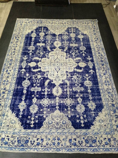 Antique RUG 7.4 x 10.8 Vintage Rug Vintage Persian Rug Muted Wool Oriental Rug Blue Hand Made Rugs Blue Distressed Turkish Antique Navy Rug