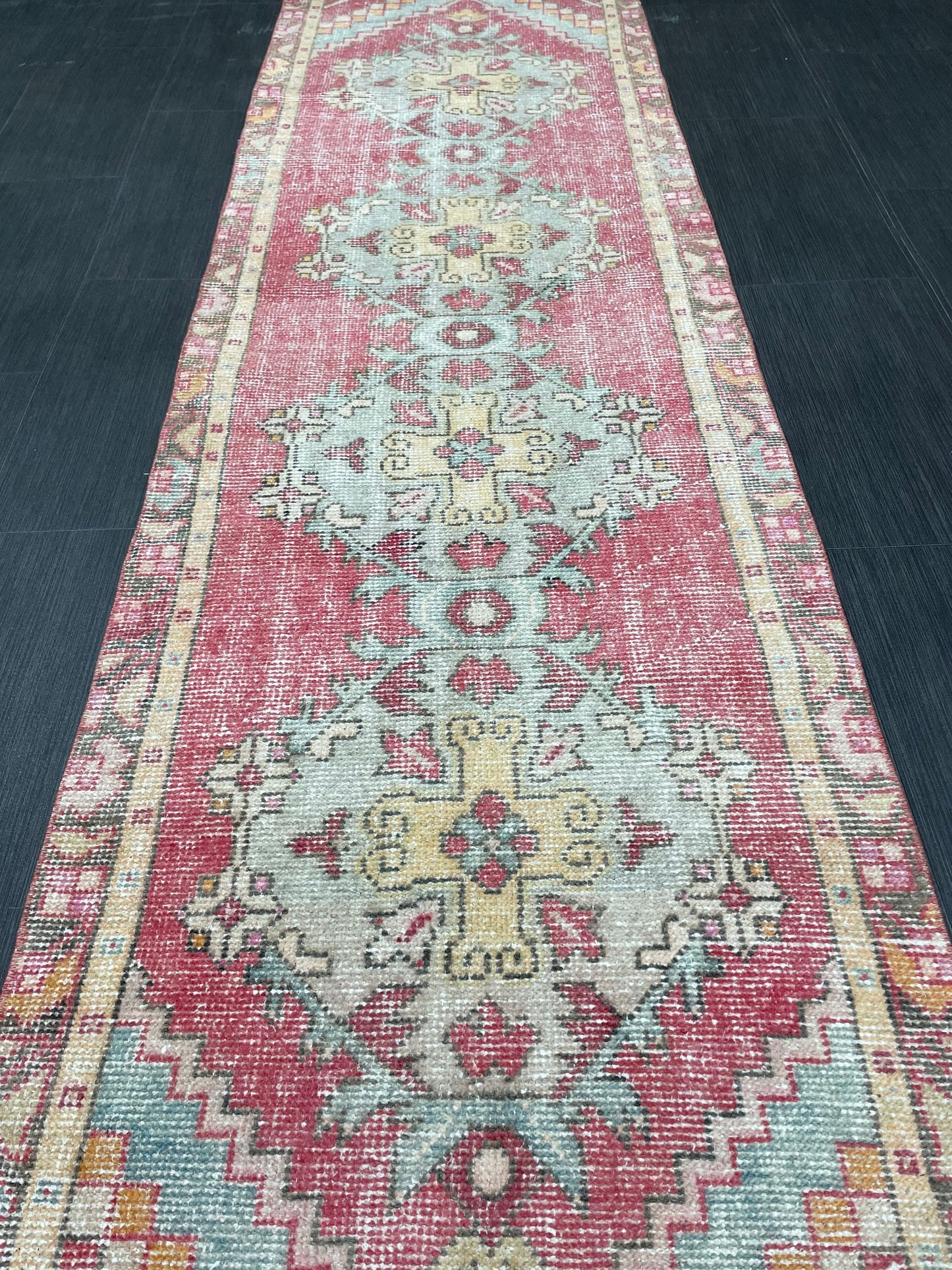Short Vintage Runner Rug 2.4 x 8.5 Hand Knotted Runner Rug Turkish Runner Rug Vintage Runner Rug Hallway Runner Rug Wool Kitchen Runner