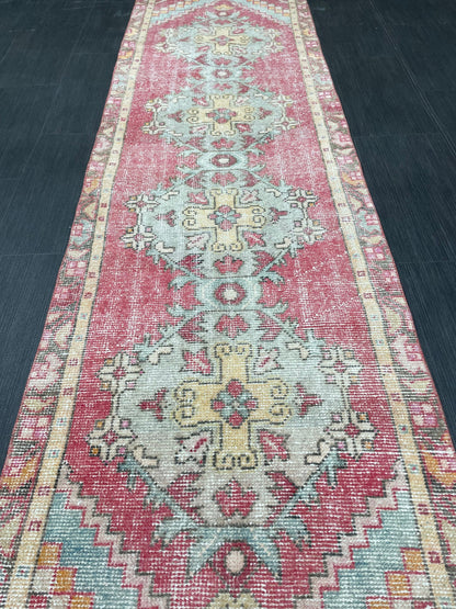 Short Vintage Runner Rug 2.4 x 8.5 Hand Knotted Runner Rug Turkish Runner Rug Vintage Runner Rug Hallway Runner Rug Wool Kitchen Runner