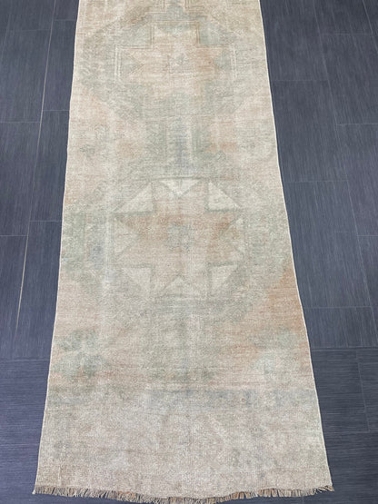 Muted Vintage Runner Rug 2.8 x 12.7 ft Muted Turkish runner rug Wool Pile Oushak Runner Hallway Rug runner Hand Knotted Star Runner Rug