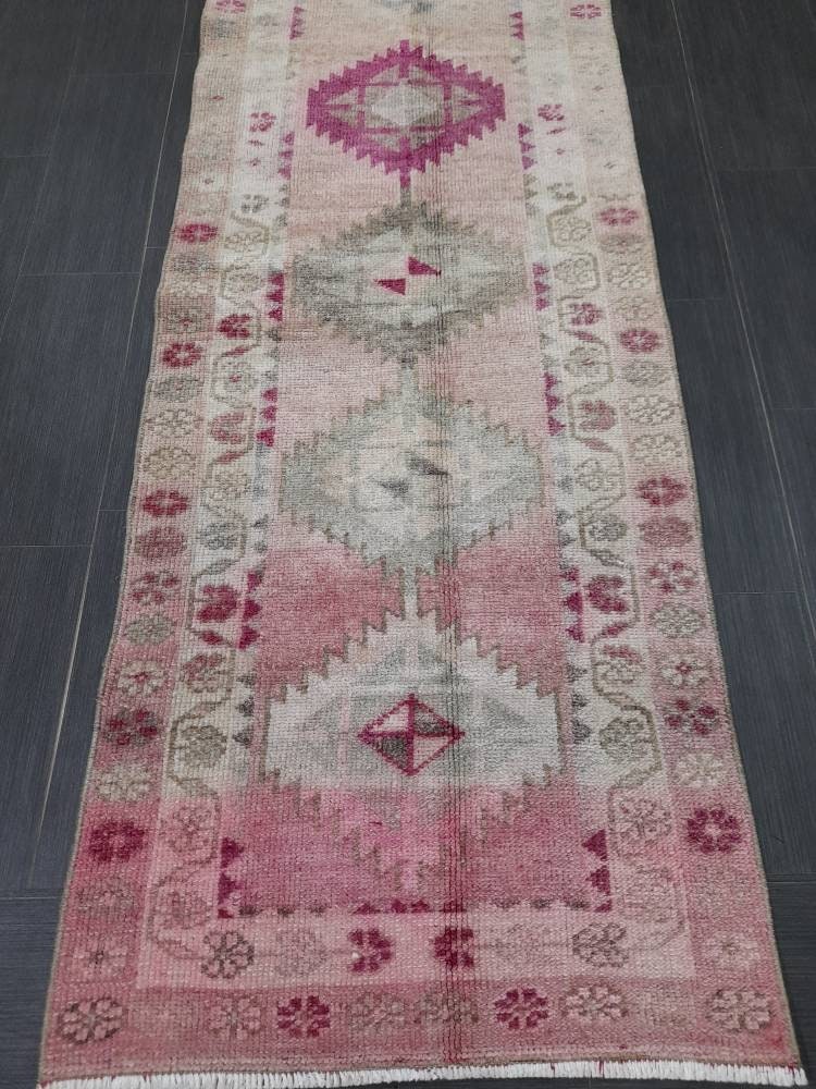 Muted Vintage Runner Rug Vintage Oushak Runner Rug 2.6 x 12.4 Hallway Runner Rug Turkish Kitchen Runner Rug Antique Wool Oriental Runner Rug